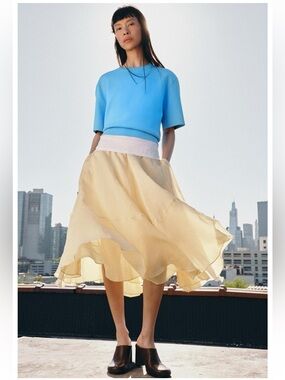 Zara Light Yellow Flowing Midi Skirt size XL NWT